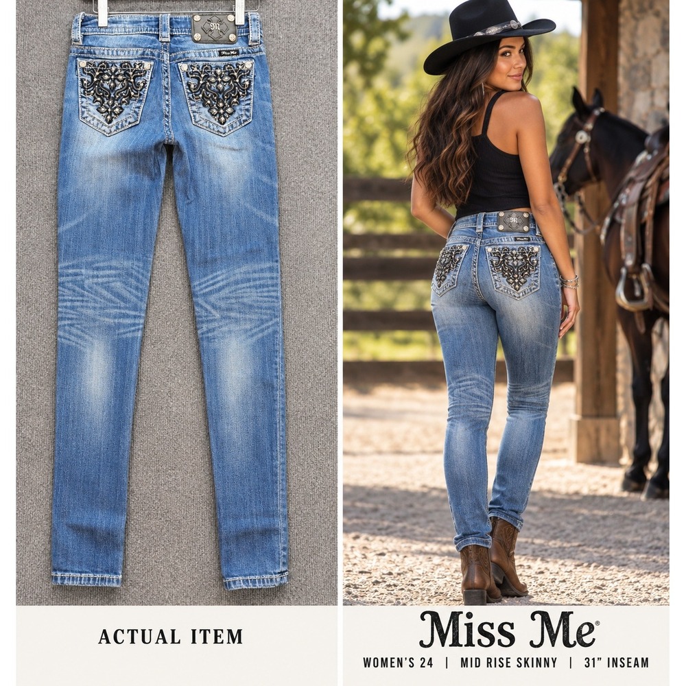 Miss Me Skinny Jeans Womens Mid Rise Embellished Blue 24 Excellent Western